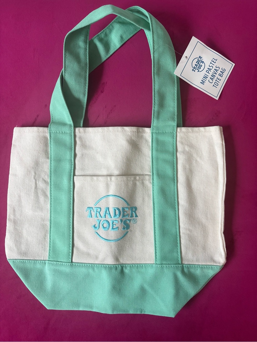Trader Joe's Mint Canvas Tote Bag with Contrasting Trim